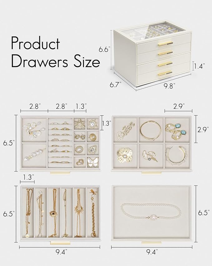 VLANDO 4 Layer Jewelry Box for Women, Glass Lid Jewelry Organizer with 4 Drawers for Necklaces Rings Earrings Bracelets - Cloud White - Image 3