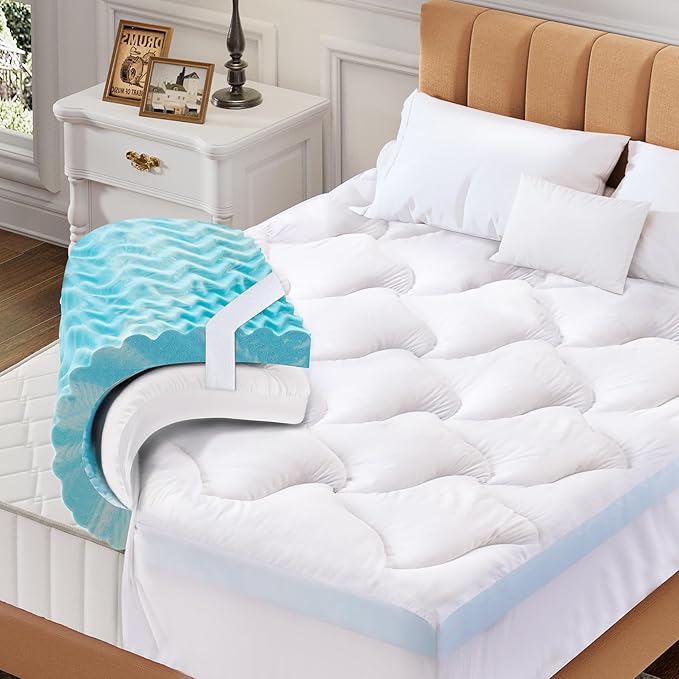 Dual Layer 3 Inch Memory Foam Mattress Topper Queen, 2 Inch Cooling 5-Zone Gel Memory Foam Plus 1 Inch Down Alternative Pillow Top Mattress Topper, with Deep Pocket, Support for Back Pain