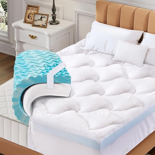 Dual Layer 3 Inch Memory Foam Mattress Topper Queen, 2 Inch Cooling 5-Zone Gel Memory Foam Plus 1 Inch Down Alternative Pillow Top Mattress Topper, with Deep Pocket, Support for Back Pain