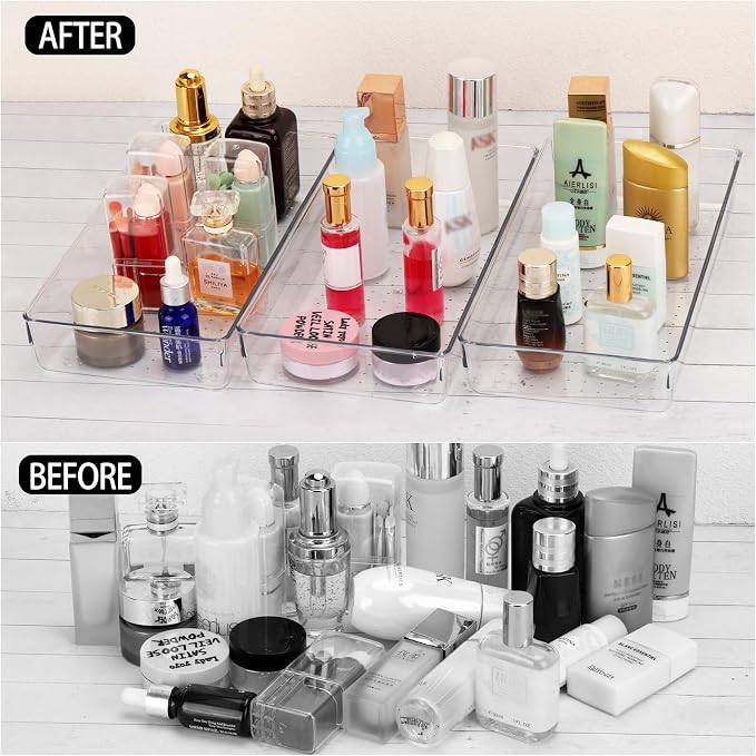 Ohlove 6Pcs Clear Plastic Drawer Organizers Tray 12" x 6.2" Storage Bins with 25Pcs Non-Slip Pads for Makeup, Jewelries, Kitchen Utensils, Bathroom and Office - Image 2