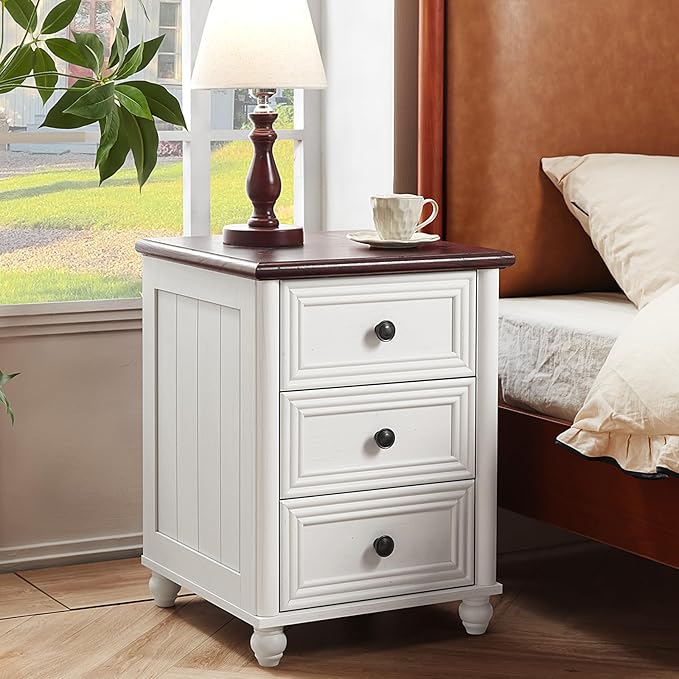 RWYHG 18" Farmhouse Night Stand, White Wood Nightstand with 3 Drawers, Bedside End Table with Storage and Roman Column, Bed Side Tables Cabinet for Bedroom, Living Room, and Closet