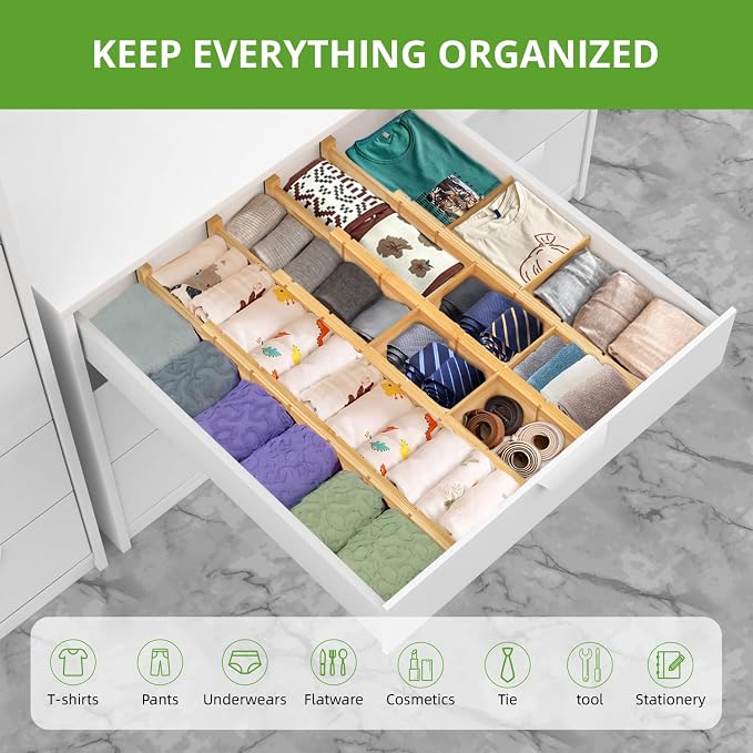 ANTOWIN 4 Pack Expandable Drawer Dividers, 2.2'' High, Extend from 17'' to 22'', Dresser Drawer Organizers, Bamboo Separators for Kitchen, Bedroom, Office, Bathroom, with 12 Pack Divider Inserts - Image 6
