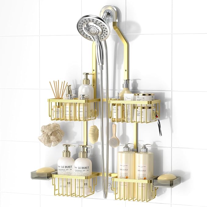 REINHARDT Aluminum Shower Caddy Hanging Adjustable Shower Caddy, Rustproof Hanging Shower Organizer with Hooks Soap Holders, Over Shower Head Caddy for Handheld Showerhead, Gold by REINHARDT