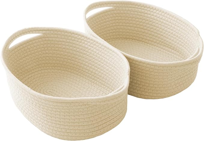 JMvicyroam Woven Basket,Small Rope Storage Bin with Handles & Ribbon Bag, Organizer for Shelves Closets,Gift Basket Empty for Birthday,Books,Dog Toys,Beige/2 Pack by JMvicyroam