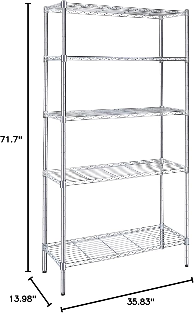 Simple Deluxe 5-Tier Storage Shelves, 35.83" W x 13.98" D x 71.7" H Wire Metal Shelving Unit, 1250 Lbs Loading Capacity, Chrome - Image 2