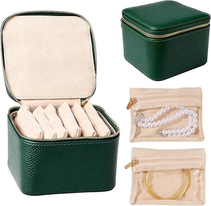 Travel Jewelry Organizer, Travel Jewelry Box with 6 Velvet Zipped Pouches Bags for Jewelries Necklaces Rings Earrings Sorting Storage for Women Girl Gifts, Mint Green by Yaliang