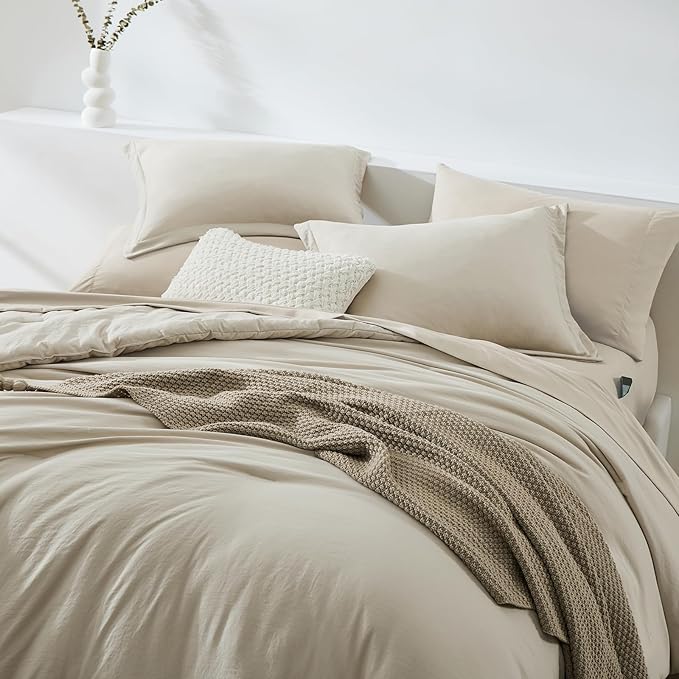 WRENSONGE Full Size Comforter Sets- 7 Pieces Soft Light Oatmeal Bed in a Bag with Fitted Sheet, Flat Sheet, 2 Pillow Shams, 2 Pillowcases, Warm Bedding Sets for All Season