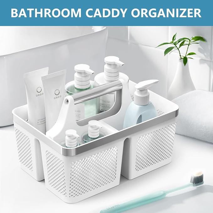 BYUNER Plastic Shower Caddy Dorm: Portable Bathroom Caddy Organizer with Handle and Holes, Cleaning Basket, Hard Shower Basket Storage Tote for Toiletry, College Dorm Room Essentials White/Silver - Image 8