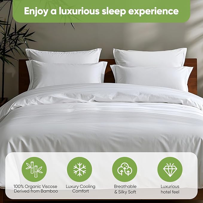TWK Luxury Sheet Set, Genuine 100% Organic Viscose Derived from Bamboo, Cooling & Breathable, Silky Soft, Bedding Sheets & Pillowcases (White, Queen)