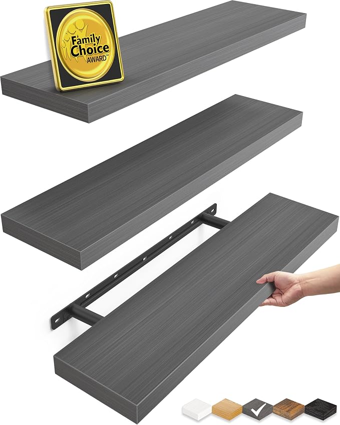 BAYKA Grey Floating Shelves for Wall 22.5 inch, Wall Mounted Shelf for Bedroom, Living Room, Kitchen – Wood with Hidden Metal Brackets, 22LBS Capacity, 6.7” Deep – Storage for Books, Plants, Decor by Bayka