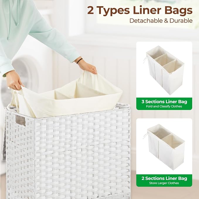 Greenstell Laundry Hamper with Lid, 125L Wicker Laundry Baskets with 2 Removable Liner Bags & 5 Mesh Laundry Bags, Handwoven Rattan Clothes Hamper with Handles for Clothes in Bathroom, Bedroom - Image 3