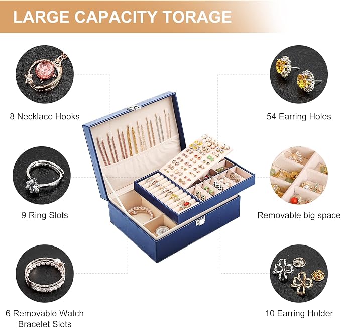 Jewelry Organizer Box PU Leather Jewelry Box for Girls Womens Earring Organizer Boxes 2 Layer Large Jewelry Storage Case Removable Tray for Necklace Earring Ring with Polishing Cloth and Jewelry Bags - Image 5