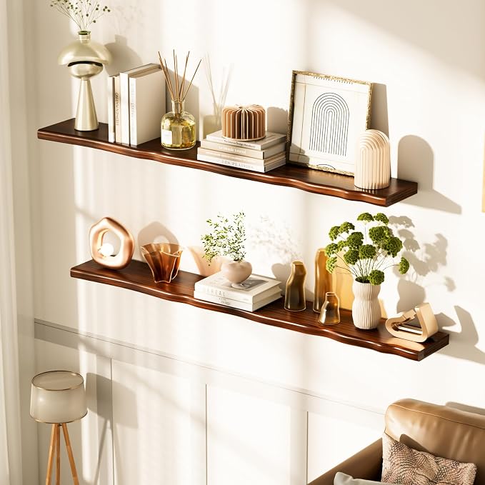 Floating Shelves for Wall Rustic Farmhouse 55 Inch Floating Shelf Bathroom Wooden Shelves for Wall Mounted Live Edge Pine Shelf with Unique Natural Grain for Living Room Bedroom Kitchen (Walnut) - Image 2