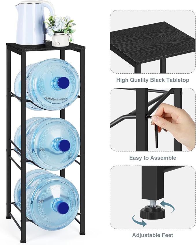 OYEAL Water Bottle Holder Organizer 5 Gallon Water Jug Stand with Shelves, 3-Tier Water Bottle Dispenser Stand for Kitchen Living Room Office, Black - Image 3