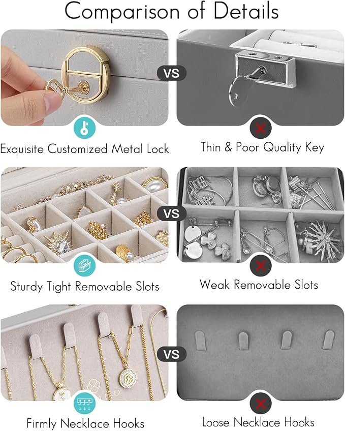 VLANDO Jewelry Boxes for Women,2 Layers Jewelry Box with Lock,Birthday Gifts for Women Girls,Jewelry Organizers for Earrings Necklace,Rings Storage Grey - Image 3