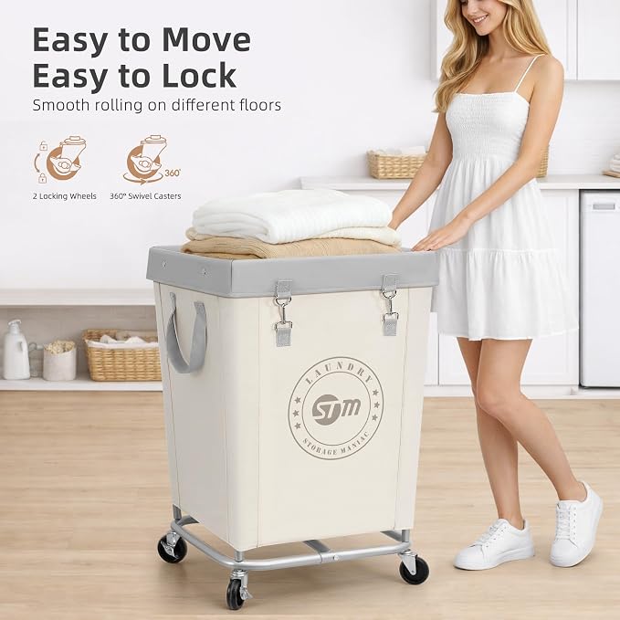 STORAGE MANIAC Commercial Laundry Hamper with Heavy Duty Steel Frame, 160 L Industrial Laundry Basket Cart with Wheels for Hotel, Home, Laundry Room, 18''L x 18''W x 31''H, Medium Beige - Image 6