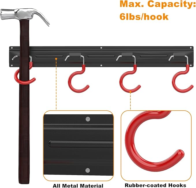 WALMANN All Metal 64 Inch Wall Mount Garden Tool Organizer for Garage, Mop and Broom Holder, Yard Tool Storage Rack for Rake, Shovel, Spade, Mop, Broom(4 Rails, 16 Hooks) - Image 4