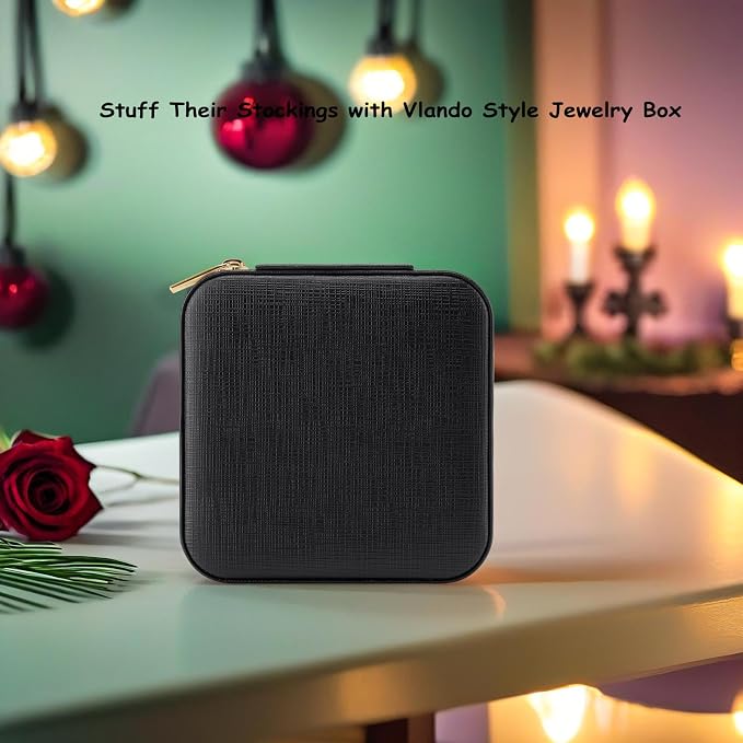 Vlando Small Faux Leather Travel Jewelry Box Organizer Display Storage Case for Rings Earrings Necklace, Black - Image 6