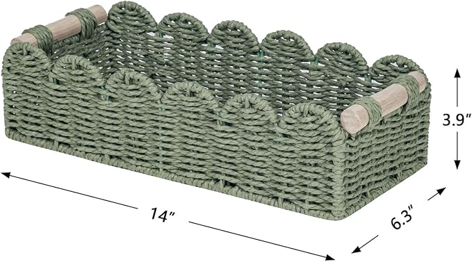 CubesLand Toilet Paper Storage Basket Scalloped Edge Home Decor Green Basket, Living Room Cozy Decor, Paper Rope Small Baskets for Over Toilet Storage Shelf, End Table, Shelves, with 2 Wooden Handles - Image 6