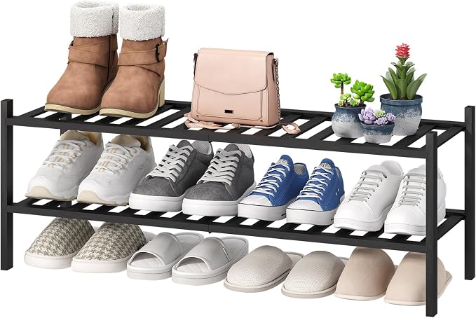 viewcare Black Shoe Rack, 2-Tier Long Shoe Rack for Entryway, Bamboo Wood Shoe Shelf for Closet & Hallway, Long 33IN | Beautiful | Functional | Sturdy | Durable by VIEWCARE