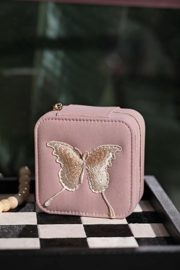 S.Leaf Travel Jewelry Organizer Boxes for Women Small Portable Necklace Earrings Bracelet Rings Travel Case Best Friend Birthday Gifts for Women Trendy (Butterfly_Pink_Gold) - Image 2