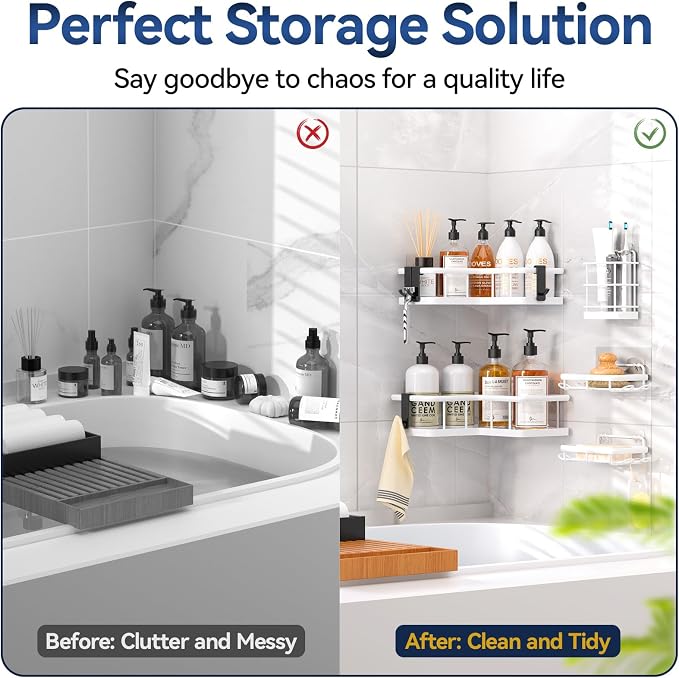 YASONIC Corner Shower Caddy, 5-Pack Adhesive Rustproof Stainless Steel Shower Organizer with Soap Holder, No Drilling Shower Shelf for Inside Shower, Dorm, Renters, White - Image 8