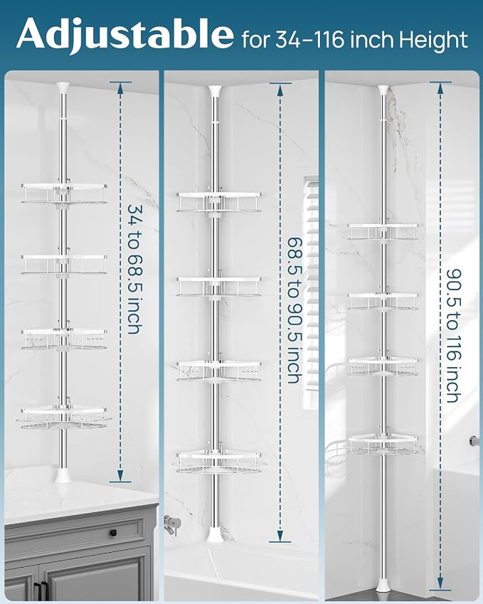 SEIRIONE Rustproof Shower Corner Caddy Organizer for Bathroom, 4 Adjustable Shelves with Tension Pole, for Bathtub Shampoo Accessories Storage Holder, 34 to 116 Inch Height, Silver - Image 2