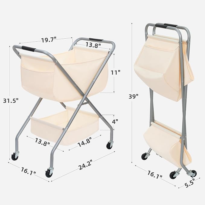 STORAGE MANIAC Collapsible Laundry Cart with Wheels 31.5"H Rolling Laundry Hamper Clothes Basket with Wheels, Canvas Liner Sturdy Steel Frame Folding for Small Narrow Space Easy Storage, Beige - Image 2