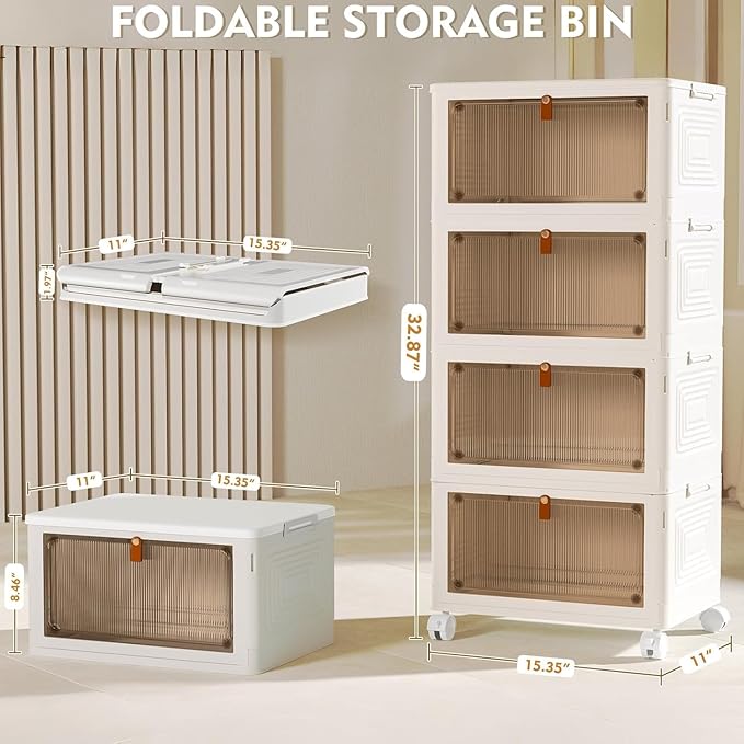 YFXCVSL 4 Tier Plastic Storage Bins with Lid 23QT, Stackable Storage Containers with Wheels, Folding Storage Boxes, Stackable Storage Bins, Organizers and Storage for Living Room,Office,Dorm - Image 2