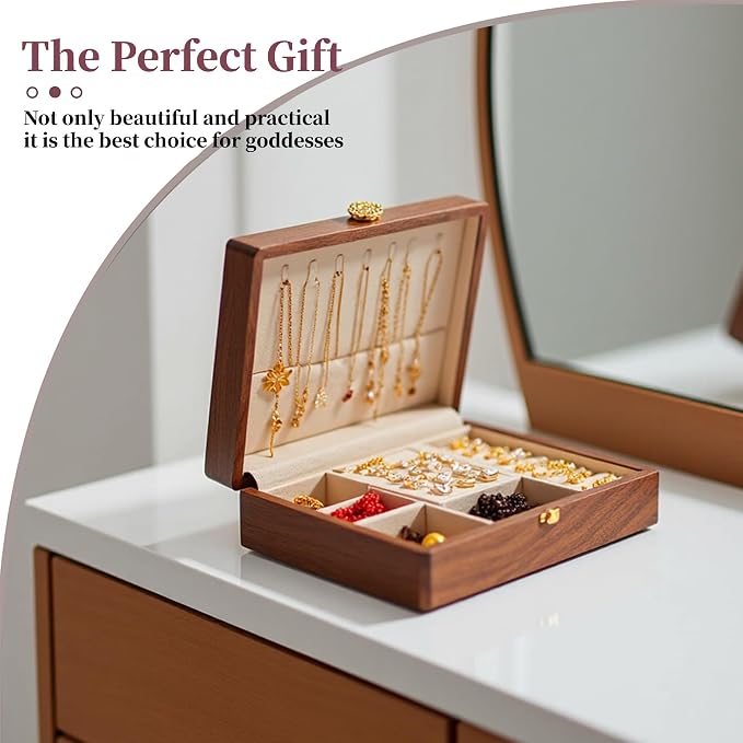 Travel Jewelry Case Small Wood Jewelry Organizer Jewelry Box for Women (Nut-Brown Print C) - Image 6