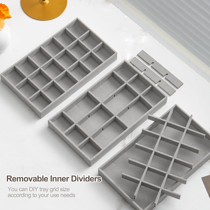 SPAKOWN Jewelry Drawer Organizer Inserts Set of 9, Velvet Jewelry Trays for Drawers, Storage for Earring, Ring, Necklace, Watch, Bracelet (Grey) - Image 4