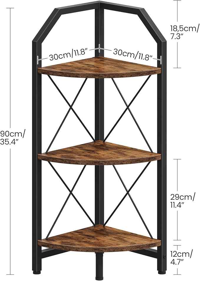 CHOEZON 3-Tier Corner Shelf, Industrial Corner Bookshelf, 35.4" Storage Stand, Plant Stand Display Shelf, Bookcase for Bedroom, Living Room, Home Office, Rustic Brown and Black TCJ03BF - Image 2