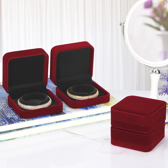 LETURE 4 Pieces Classic Velvet Bracelet Bangle Pendant Necklace Gift Box, Travel Jewelry Box Display Storage Case for Gift, Wedding, Engagement, Proposal, Birthday (4PCS Bracelet-RED) - Image 4