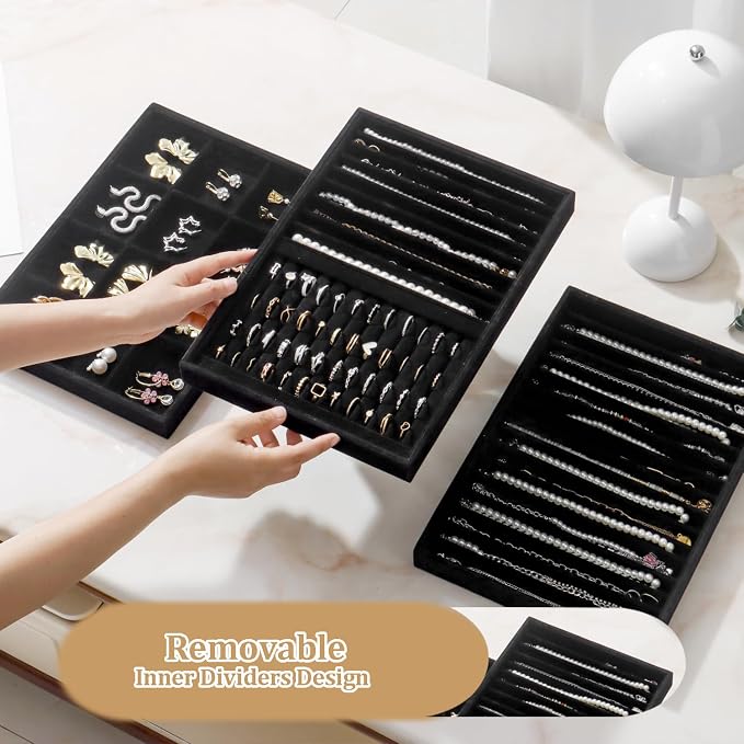 Large Velvet Jewelry Tray 2 Pack Stackable Jewelry Display Drawer Inserts Trays Organizer for Earring Bracelet Necklace Ring (Black, Ring and 9 Grids) - Image 3