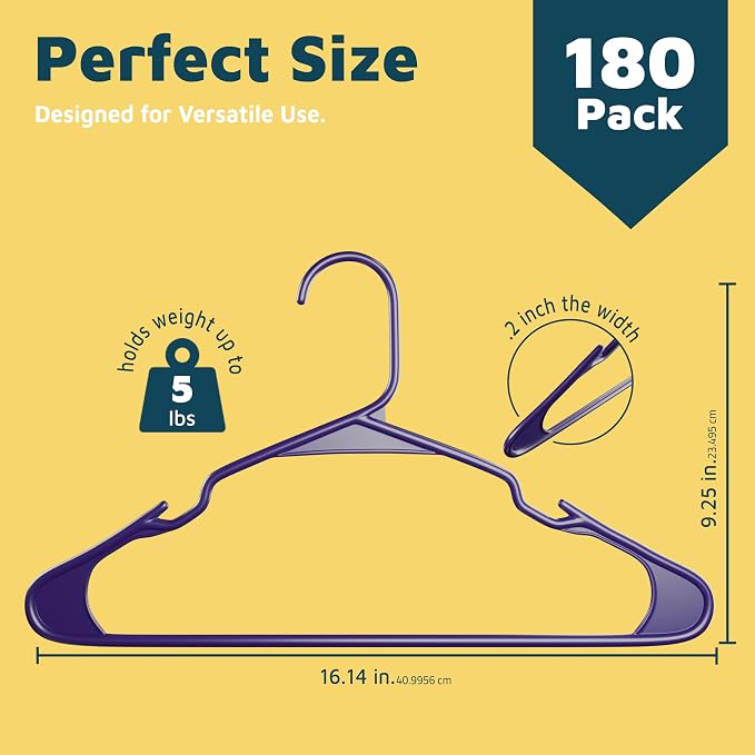 Plastic Clothes Hangers – Heavy Duty Hanger Set, for Organizing Clothes, Dresses, and Coats, Holds Up to 5 lbs, Space-Saving Hangers with Non-Slip Shoulder Grooves, Pack of 180, Purple - Image 2