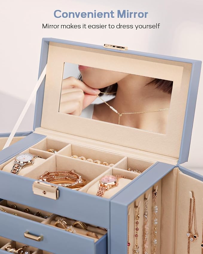 Homde Synthetic Leather Huge Jewelry Box Mirrored Watch Organizer Necklace Ring Earring Storage Lockable Gift Case (Grey Blue + Gold) - Image 7