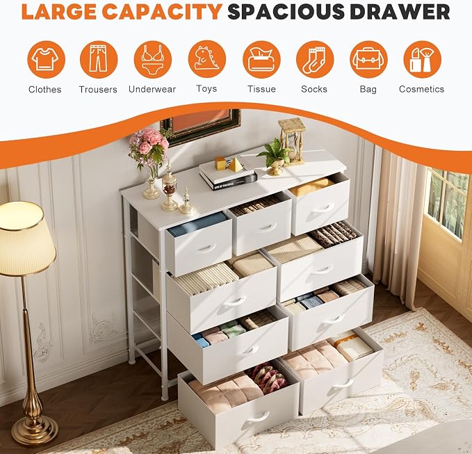 Sweetcrispy 9-Drawer Fabric Dresser Storage Tower with Wood Top and Steel Frame, Organizer Chest with Easy Pull Handles for Bedroom, Closet, Hallway,Pure White - Image 4