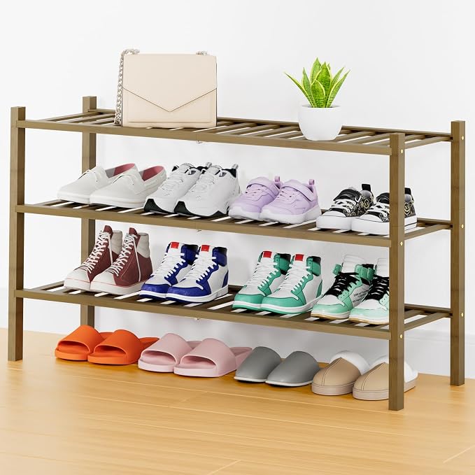 Smiry Shoe Rack, 3 Tier Thick Long Bamboo Shoe Organizer, Stackable Free Standing Wooden Shoe Storage Shelf for Closet, Entryway, Front Door Entrance, Walnut by Smiry