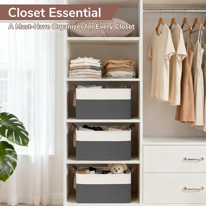 CHICVITA 4 Pack Storage Baskets for Shelves, Closet Organizers and Storage Bins with Handles, Fabric Toy Bins for Nursery Living Room, 14.8" x 10.3" x 8.3", Gray & White - Image 2