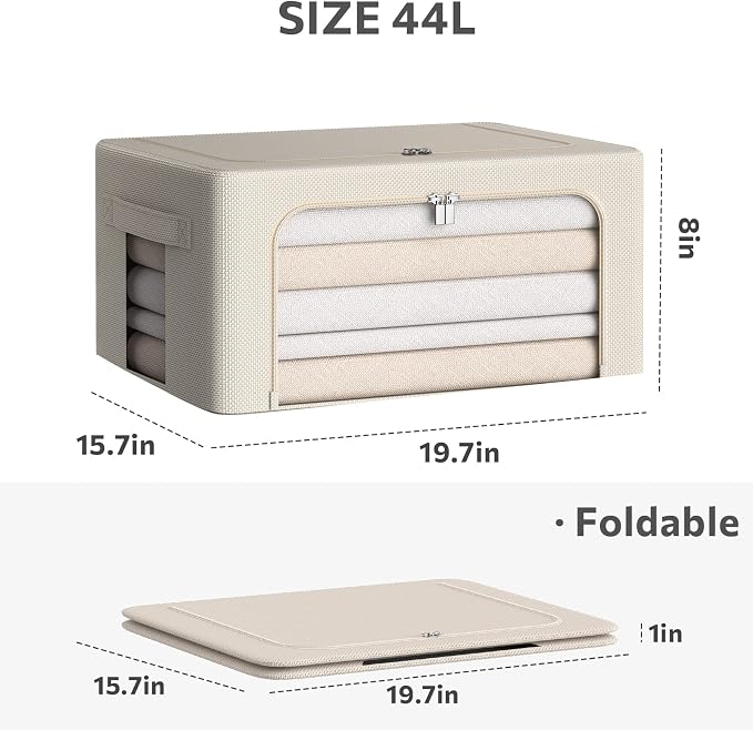 CYhom 3Pack Frame Storage Box - Clothes Storage Bin Bags Oxford Fabric Foldable Stackable Container Organizer Set with Clear Window & Carry Handles (Beige, Medium-44L) - Image 4