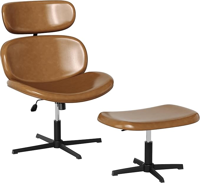 Bestier Swivel Modern Chair with Ottoman No Wheels, PU Criss Cross Reading Chair with Extended Headrest & Adjustable Seat, Modern Armless Ergonomic Chair for Living Room, Brown
