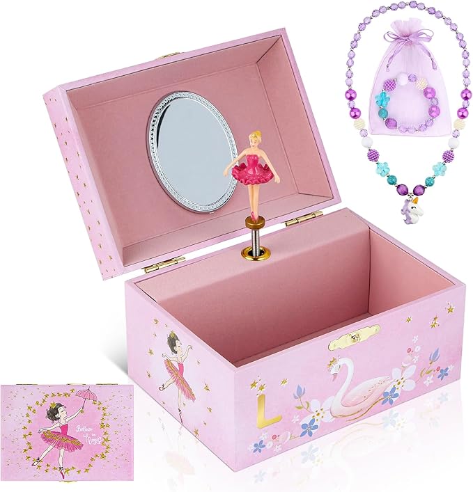 Personalized Initial L Musical Jewelry Box for Girls - Ballerina Music Box with Spinning Dancer, Includes Unicorn Necklace & Bracelet Set, Custom L Letter Keepsake for Kids Ages 3-10 by Taduoduo