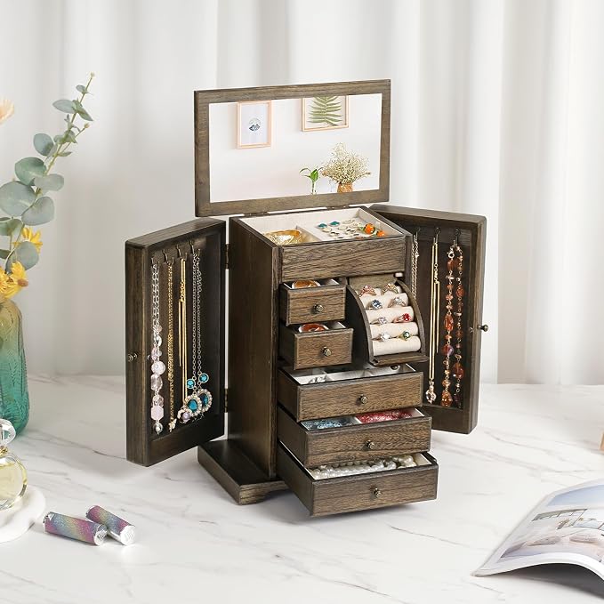Jewelry Box for Women, Rustic Wooden Jewelry Boxes & Organizers with Mirror & Drawers,6 Layer Jewelry Organizer Box for Rings Earrings Necklaces Bracelets (Vintage) - Image 2