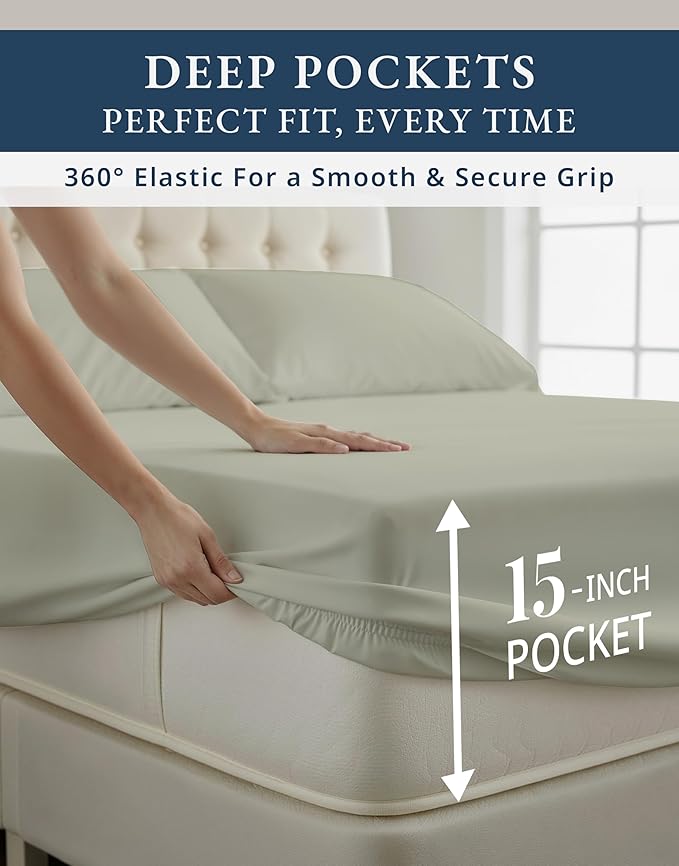 LANE LINEN 100% Egyptian Mercerized Cotton Full Size Bed Sheets Set, Eco Friendly Sustainably Produced No Pill Fade Resistant 15 Iinch Deep Pocket Full Sheets Set - Mineral
