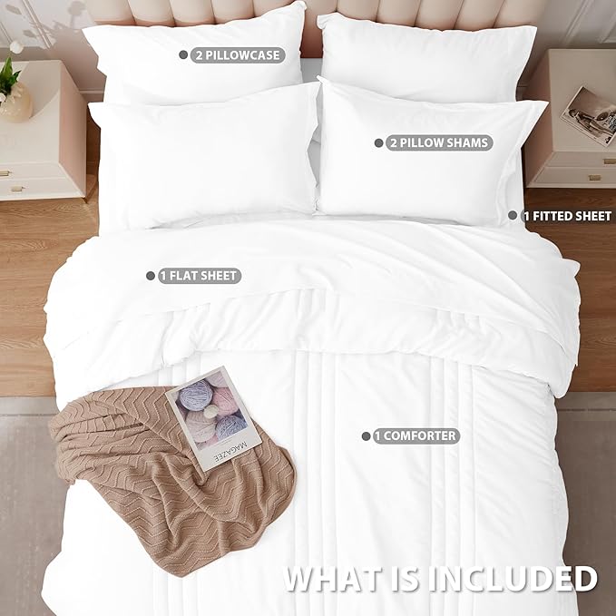 Twin Comforter Set White - Bed in a Bag Twin Size 5 Pieces, Soft Bedding Set for All Seasons, Premium College Dorm Comforter Set with Comforter, 1 Sheet, 1 Pillowcase & 1 Sham