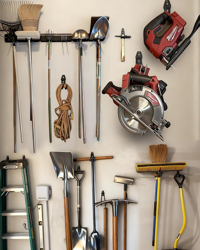 PIYILO Garden Tool Organizer 48 in with 18 Garage Hooks, Heavy Duty Garage Wall Hooks for Hanging Ladder, Bike, Tool Storage Rack for Yard Tools, Shovel, Shed (23 Pack) - Image 2