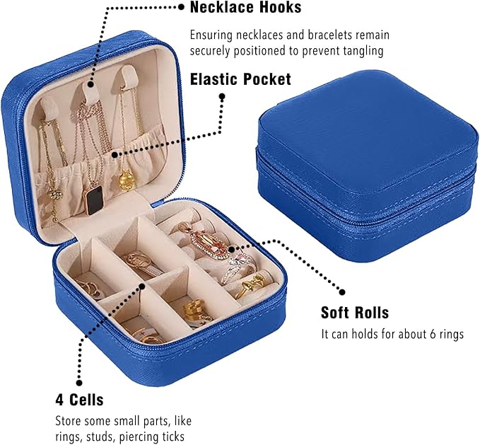 Small Travel Jewelry Box, Portable Mini Jewelry Leather Box Jewelry Ring Organizer Case Storage Holder Gift Boxes for Girls Women, Navy blue - Image 3