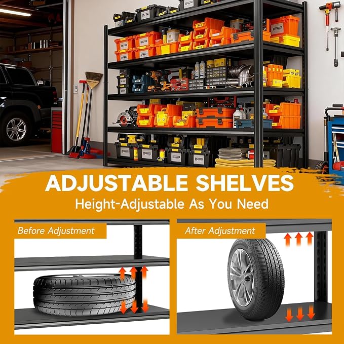 88" H×48" W Garage Shelving,6-Tier Heavy Duty Shelving, 3000 lbs Capacity Garage Storage Shelves, Industrial Shelves for Heavy Tools and Equipment, Ideal for Garage, Basement, Black - Image 5