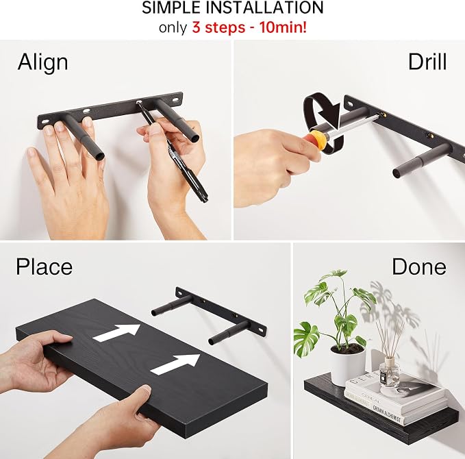 BAYKA Floating Shelves for Wall, Wall Mounted Rustic Wood Shelves for Bathroom, Bedroom, Living Room, Kitchen, Hanging Shelf for Books/Storage/Room Decor with 22lbs Capacity (Black, Set of 3, 15.7in) - Image 5