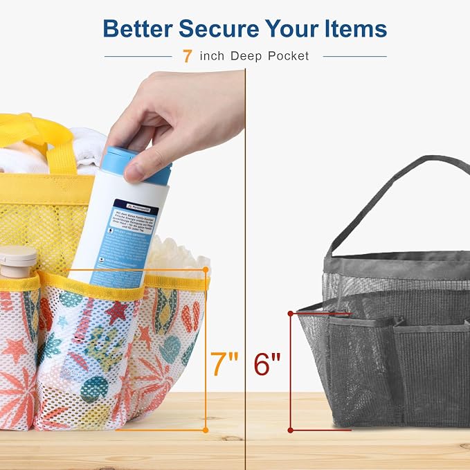 F-color Shower Caddy Portable - Mesh Shower Bag Basket Tote for College Dorm Room Essentials Bathroom Gym Camp Quick Dry for Women Men with S Hook, Yellow Beach - Image 4